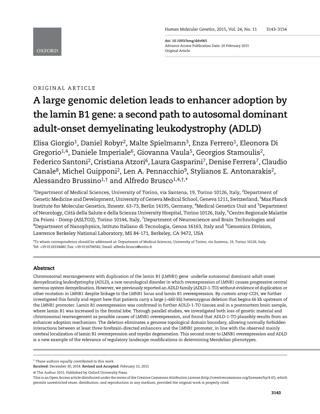 A Large Genomic Deletion Leads to Enhancer Adoption by the Lamin B1 Gene