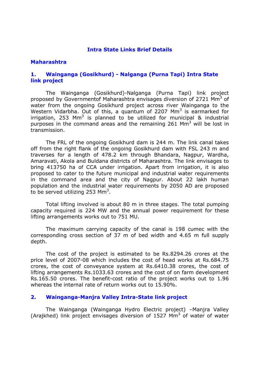 Intra State Links Brief Details Maharashtra 1. Wainganga (Gosikhurd)