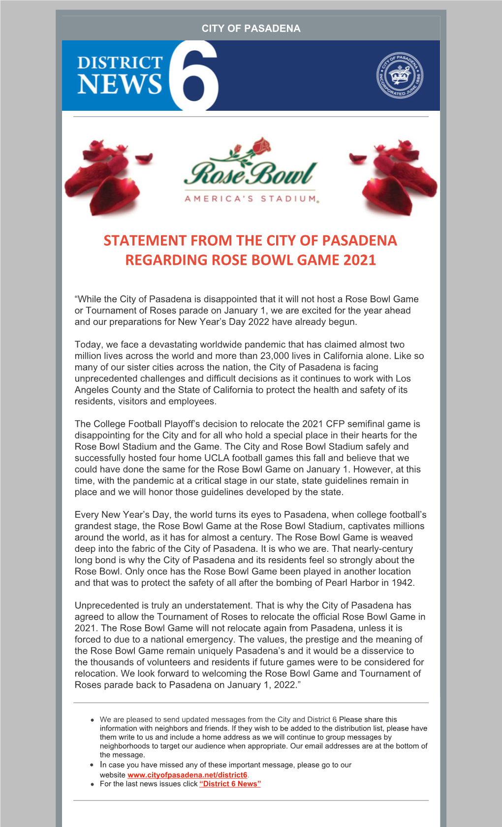 Statement from the City of Pasadena Regarding Rose Bowl Game 2021