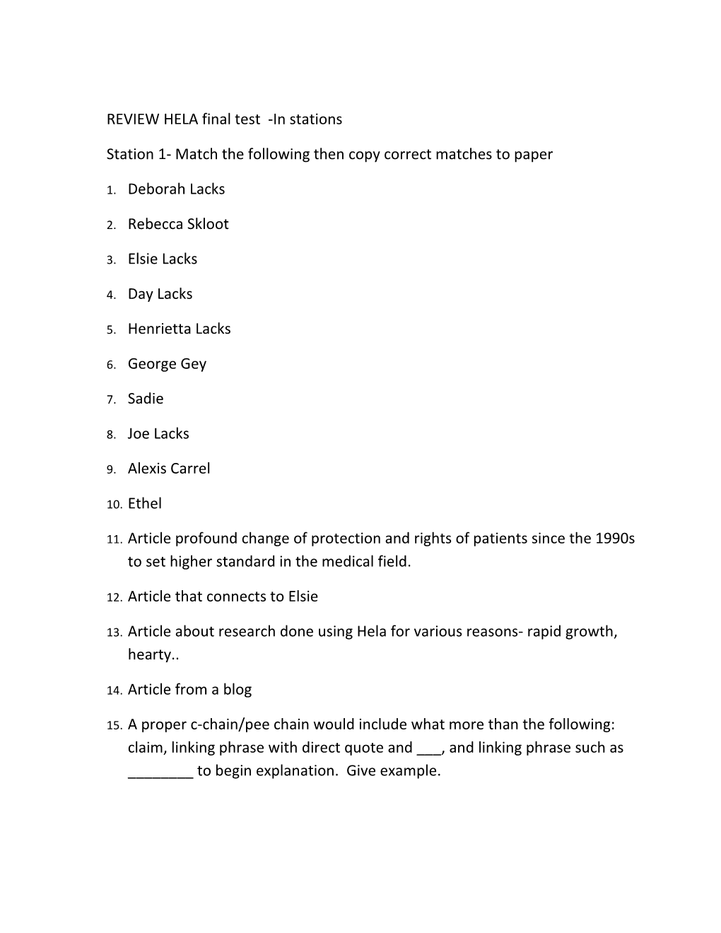 Station 1- Match the Following Then Copy Correct Matches to Paper