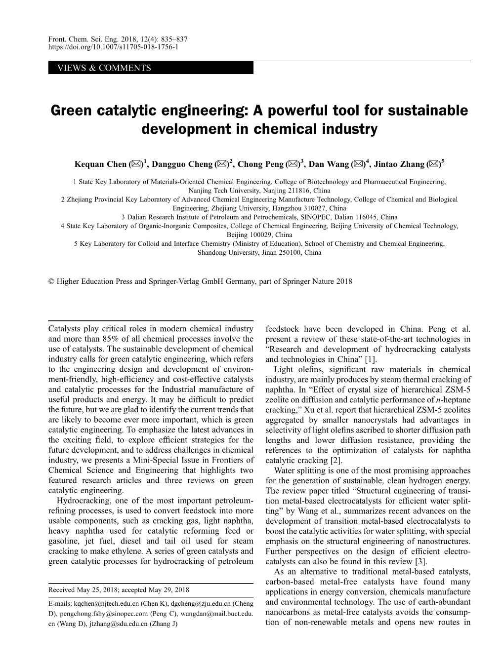 Green Catalytic Engineering: a Powerful Tool for Sustainable Development in Chemical Industry