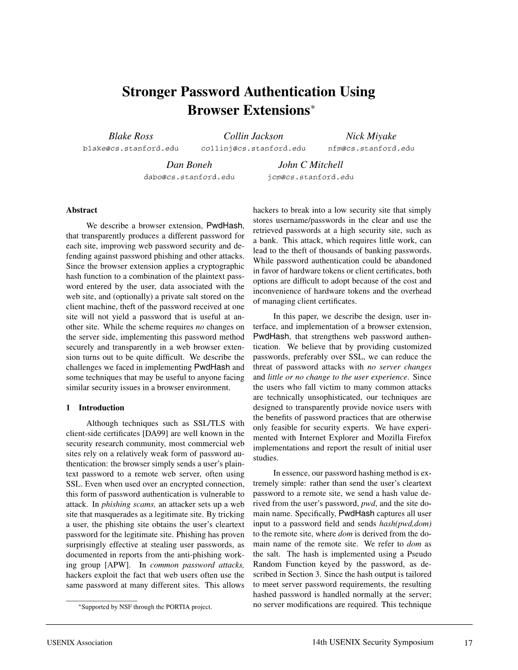 Stronger Password Authentication Using Browser Extensions∗