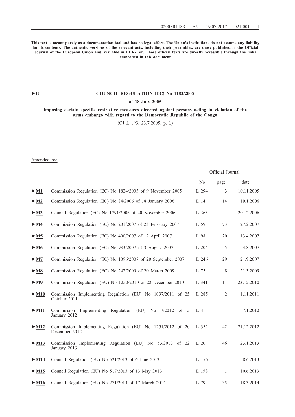 B COUNCIL REGULATION (EC) No 1183/2005 of 18 July