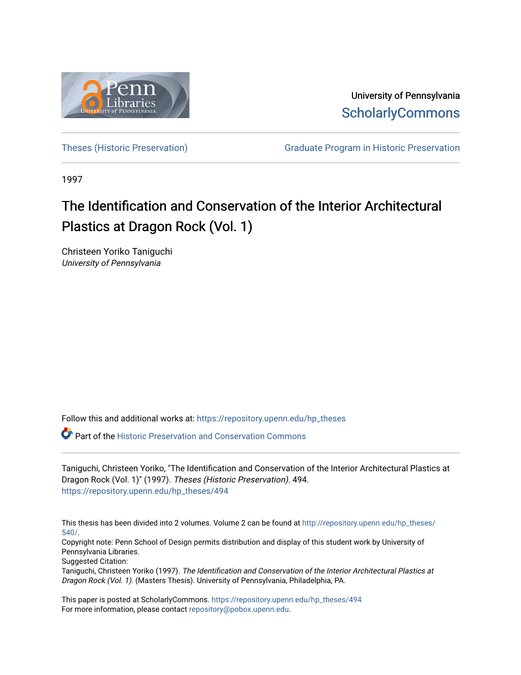 The Identification and Conservation of the Interior Architectural Plastics at Dragon Rock (Vol