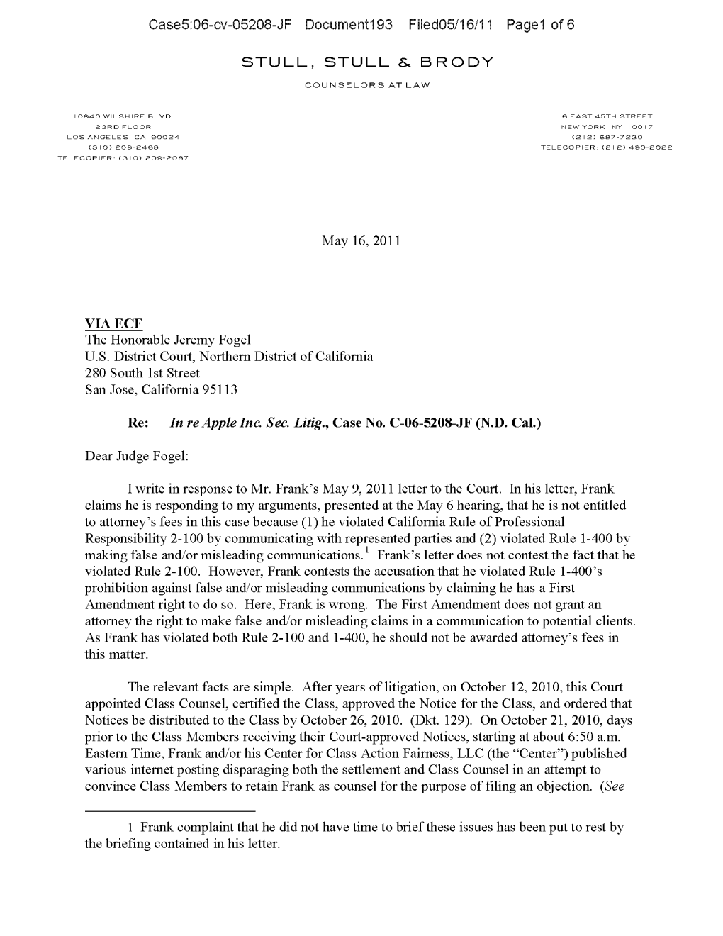 In Re: Apple, Inc. Securities Litigation 06-CV-05208-Letter