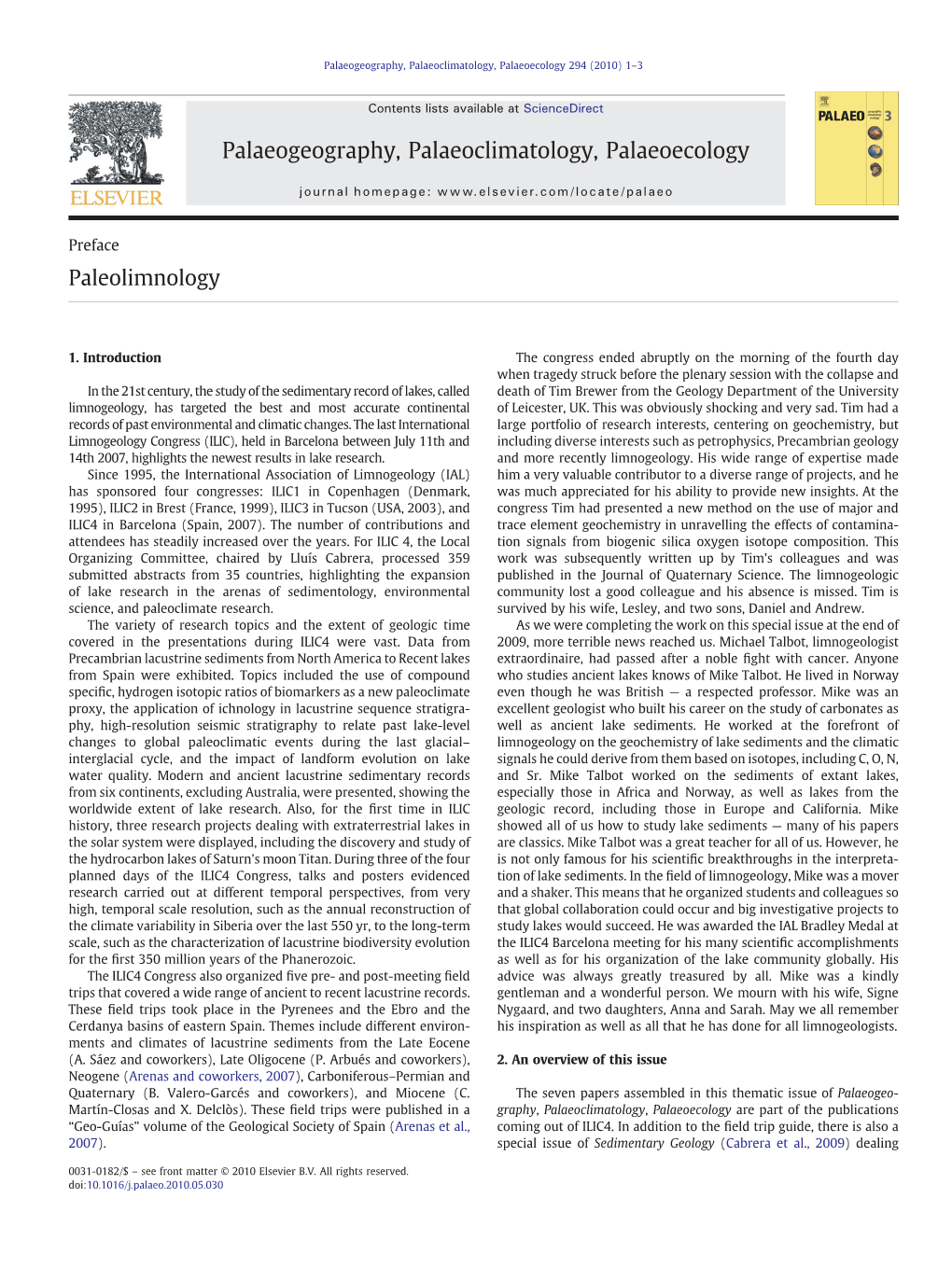 Paleolimnology Palaeogeography, Palaeoclimatology, Palaeoecology