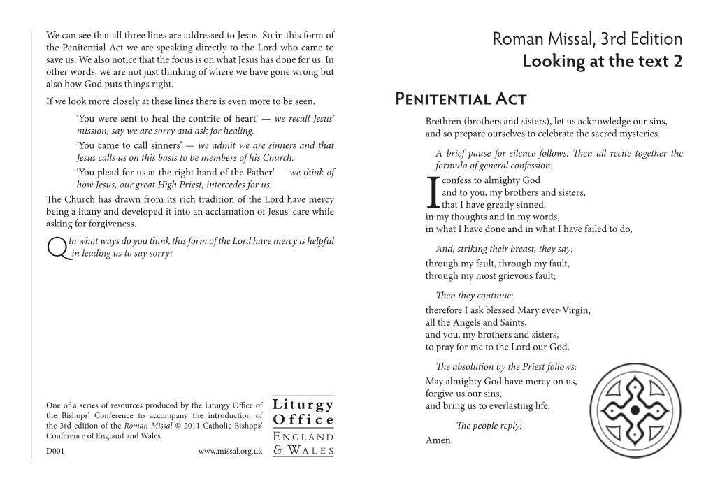 Penitential Act We Are Speaking Directly to the Lord Who Came to Roman Missal, 3Rd Edition Save Us