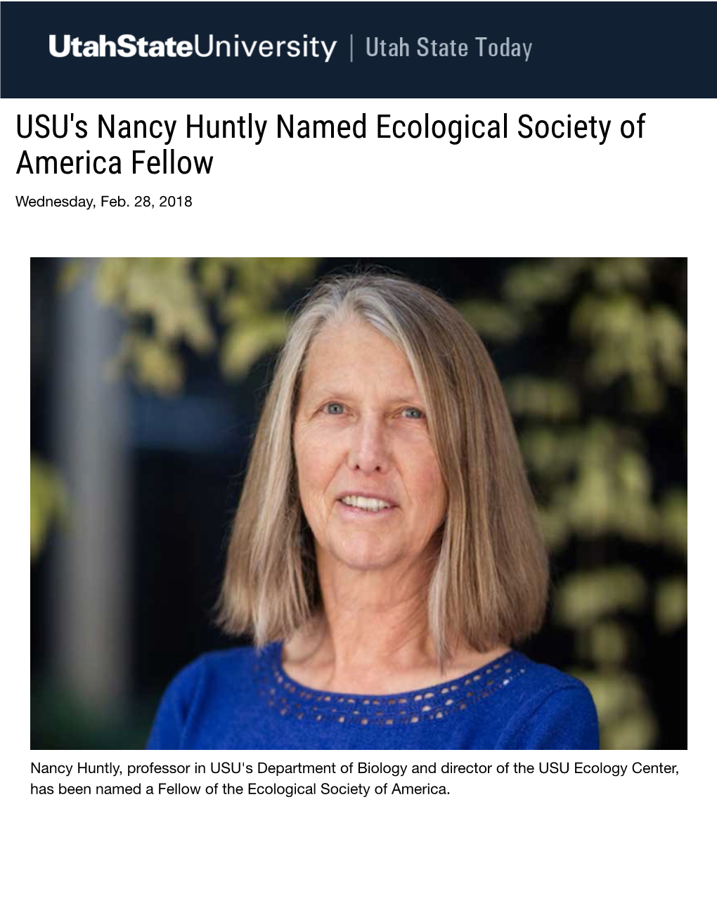 USU's Nancy Huntly Named Ecological Society of America Fellow Wednesday, Feb