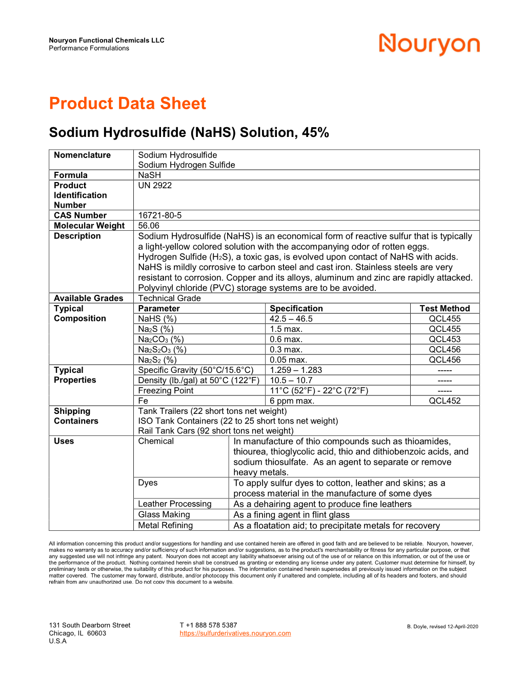 Sodium Hydrosulfide (Nahs) Solution, 45%