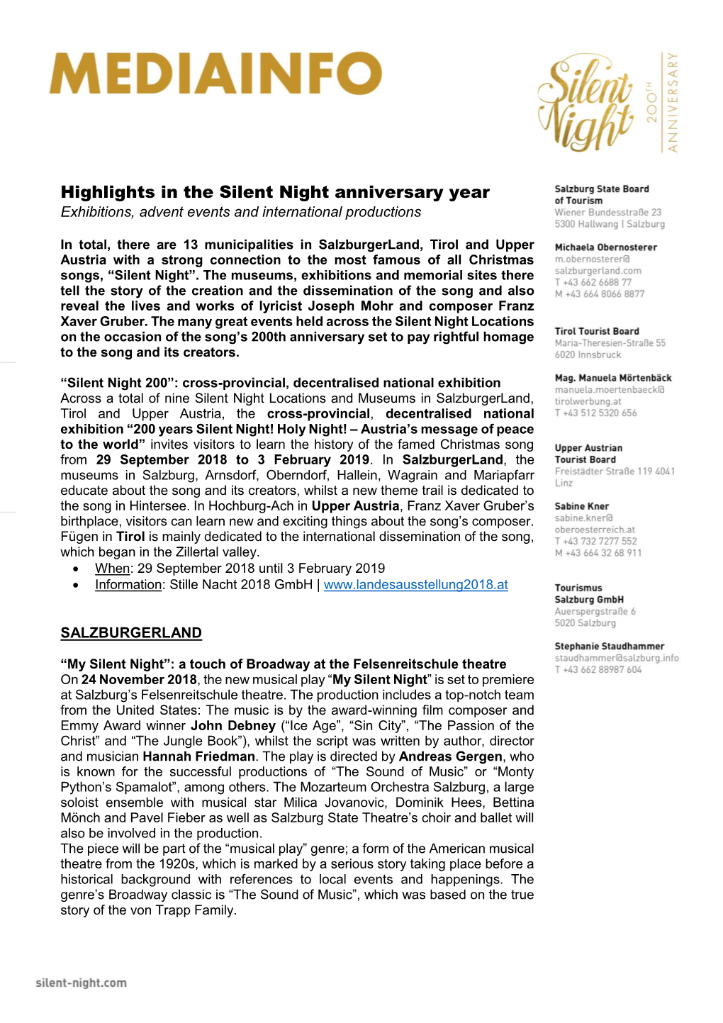 Highlights in the Silent Night Anniversary Year Exhibitions, Advent Events and International Productions