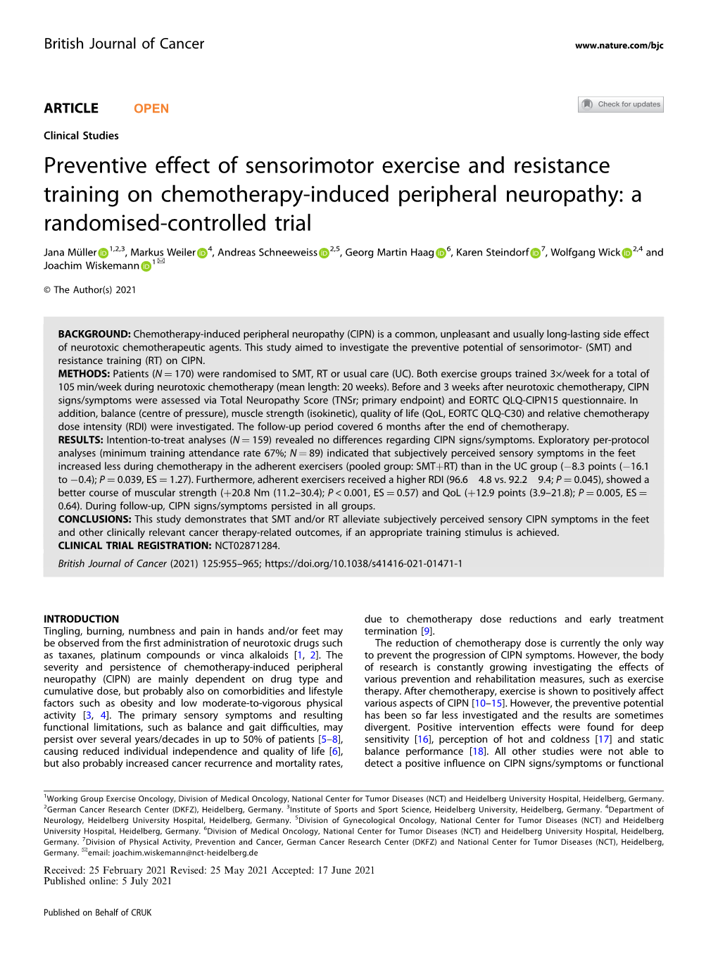 Preventive Effect of Sensorimotor Exercise and Resistance Training on Chemotherapy-Induced Peripheral Neuropathy: a Randomised-Controlled Trial