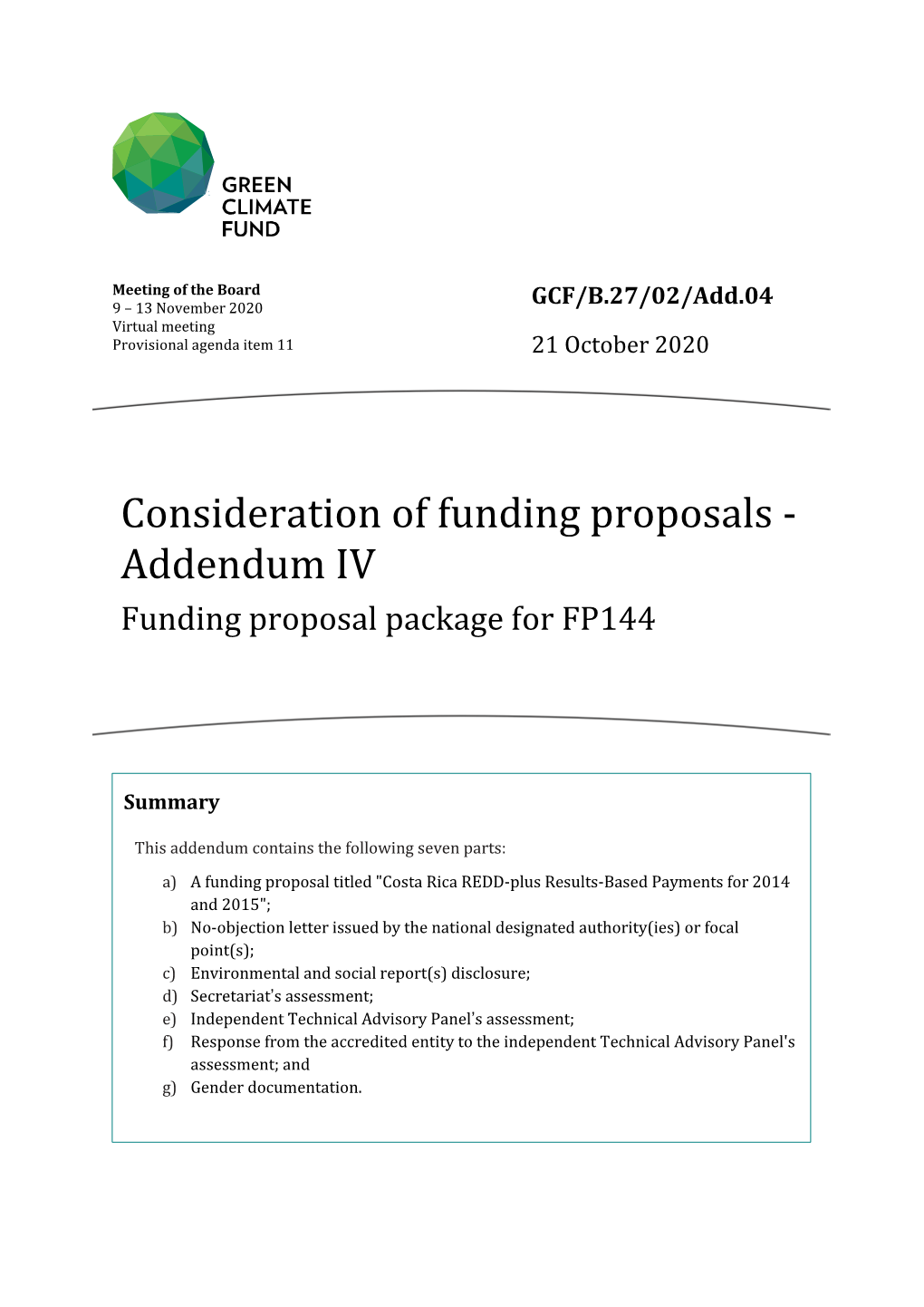 Funding Proposals - Addendum IV Funding Proposal Package for FP144