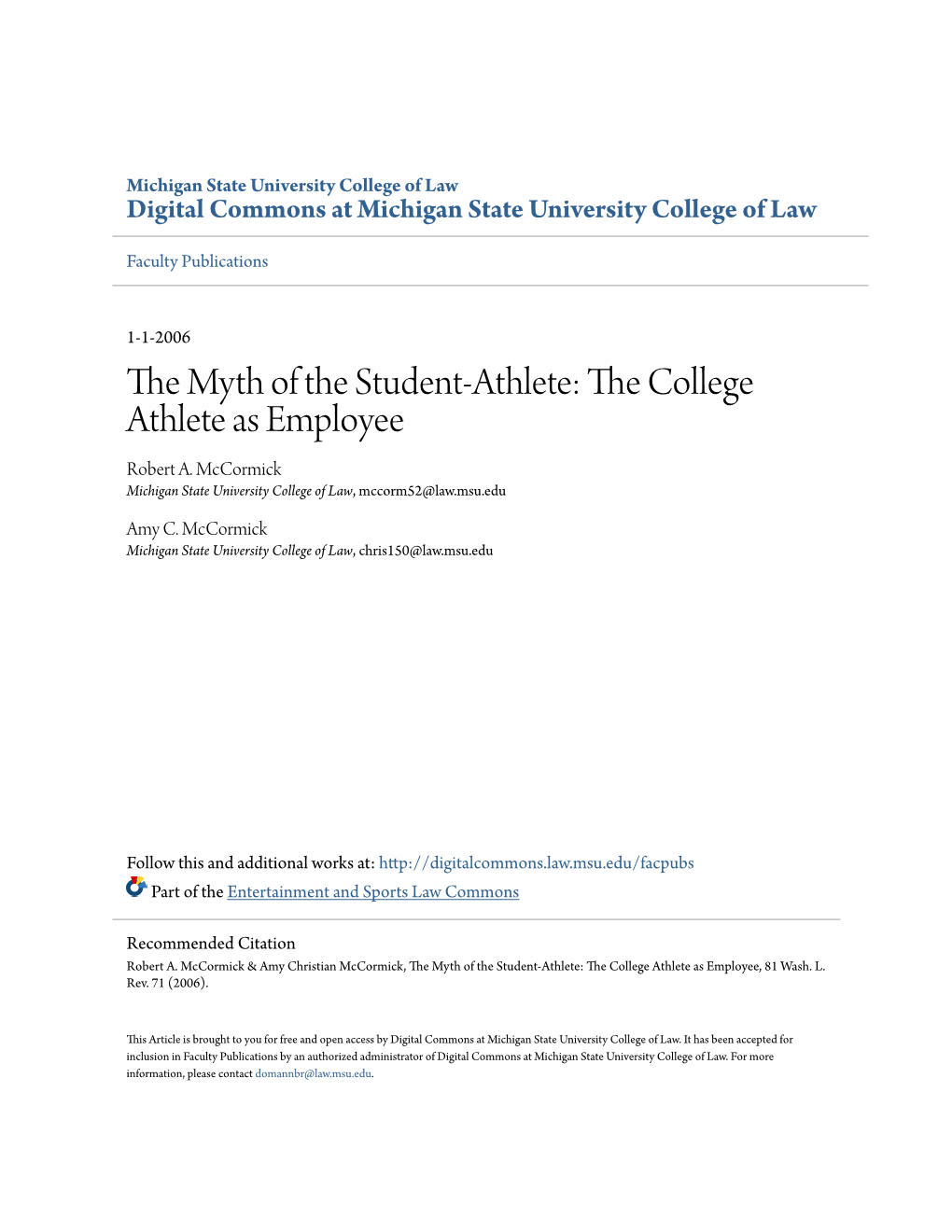 The Myth of the Student-Athlete: the College Athlete As Employee