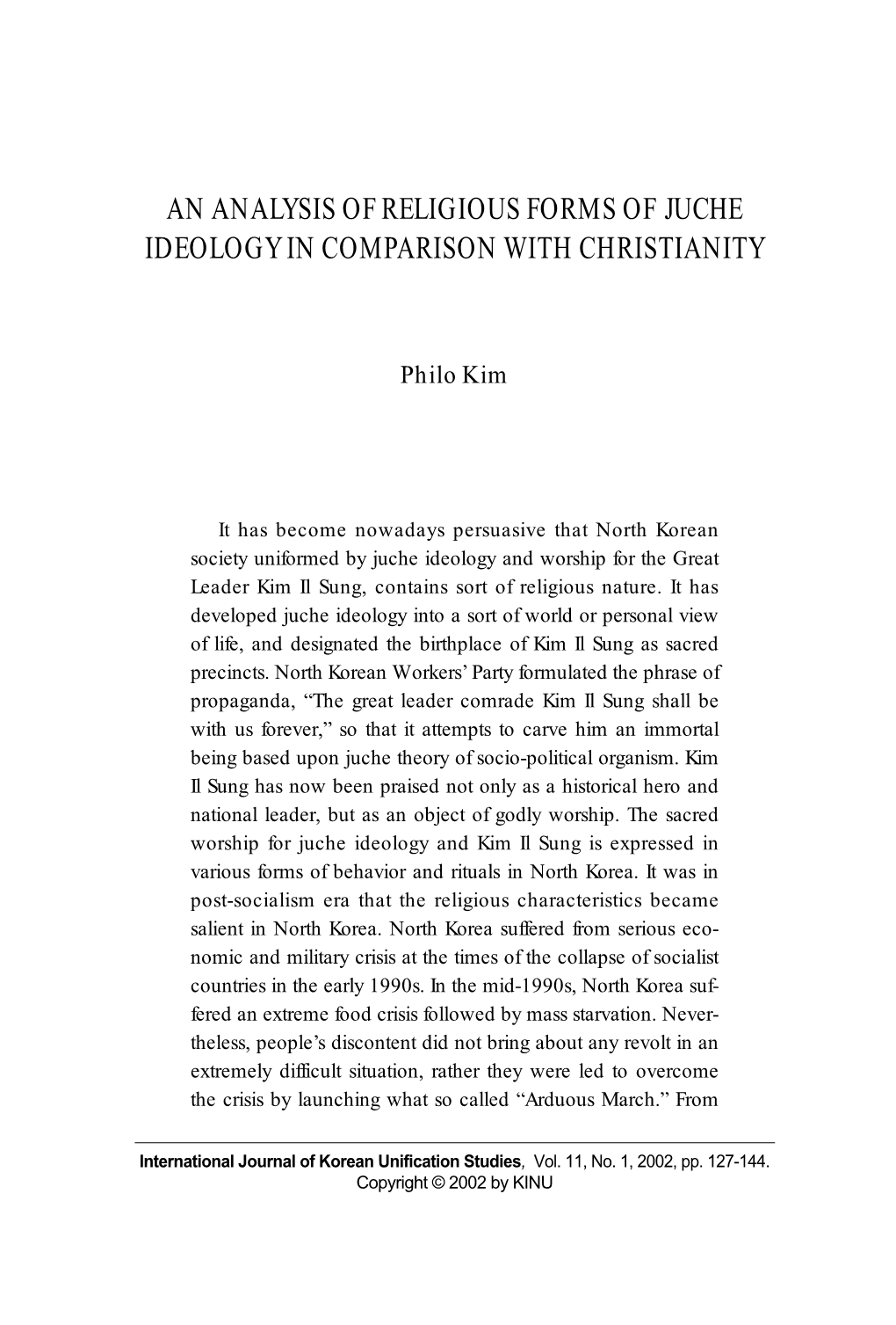 An Analysis of Religious Forms of Juche Ideology in Comparison with Christianity