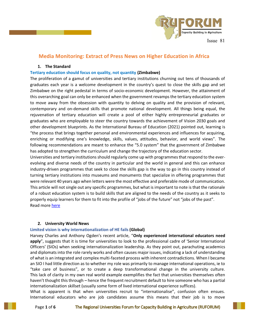 Media Monitoring: Extract of Press News on Higher Education in Africa