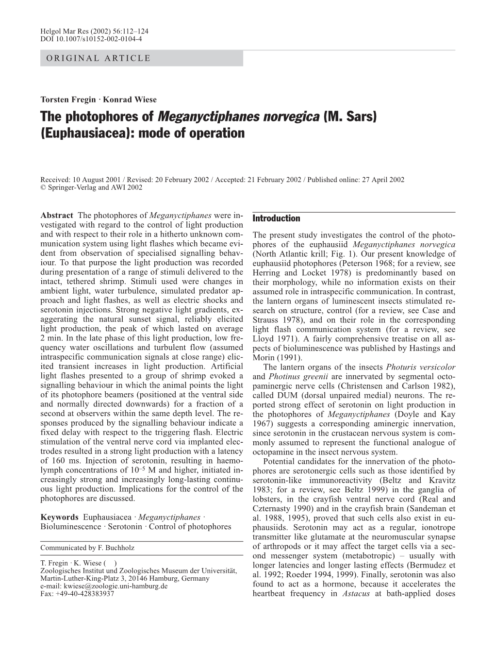 The Photophores of Meganyctiphanes Norvegica (M. Sars) (Euphausiacea): Mode of Operation