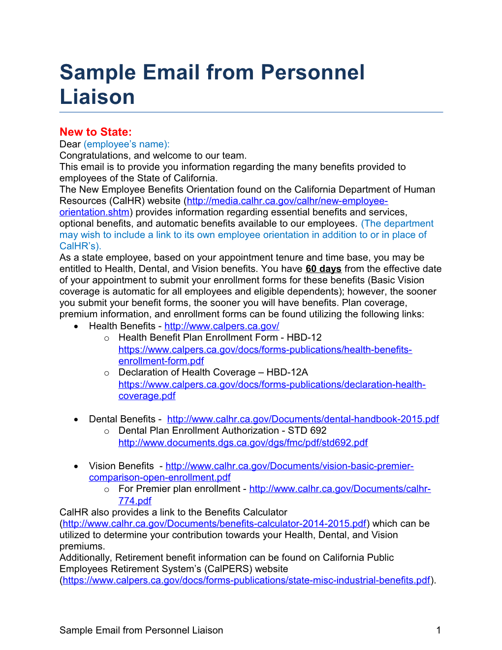 Sample Email from Personnel Liaison