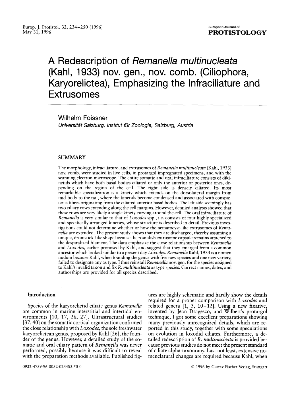 A Redescription of Remanella Multinucleata (Kahl, 1933) Nov