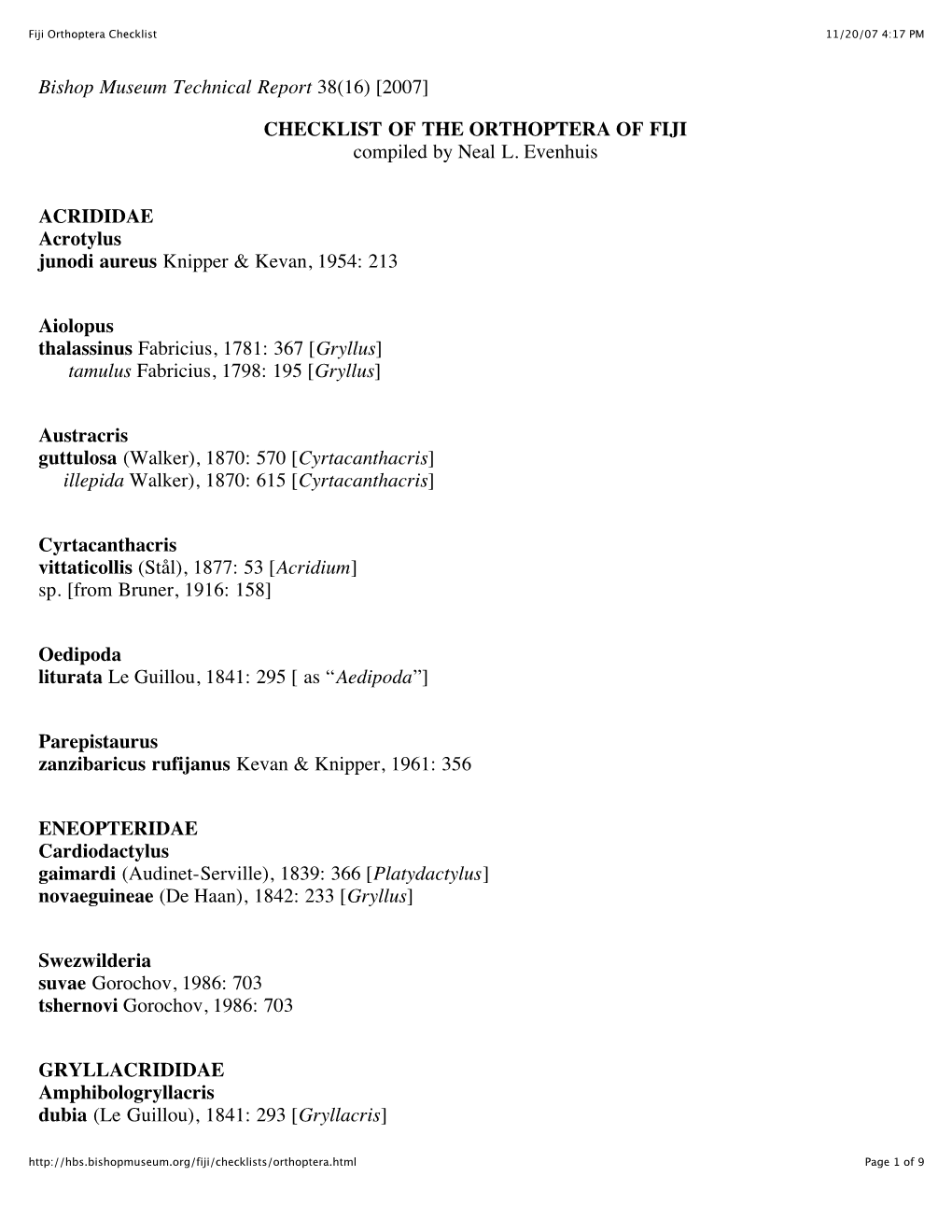 Fiji Orthoptera Checklist 11/20/07 4:17 PM