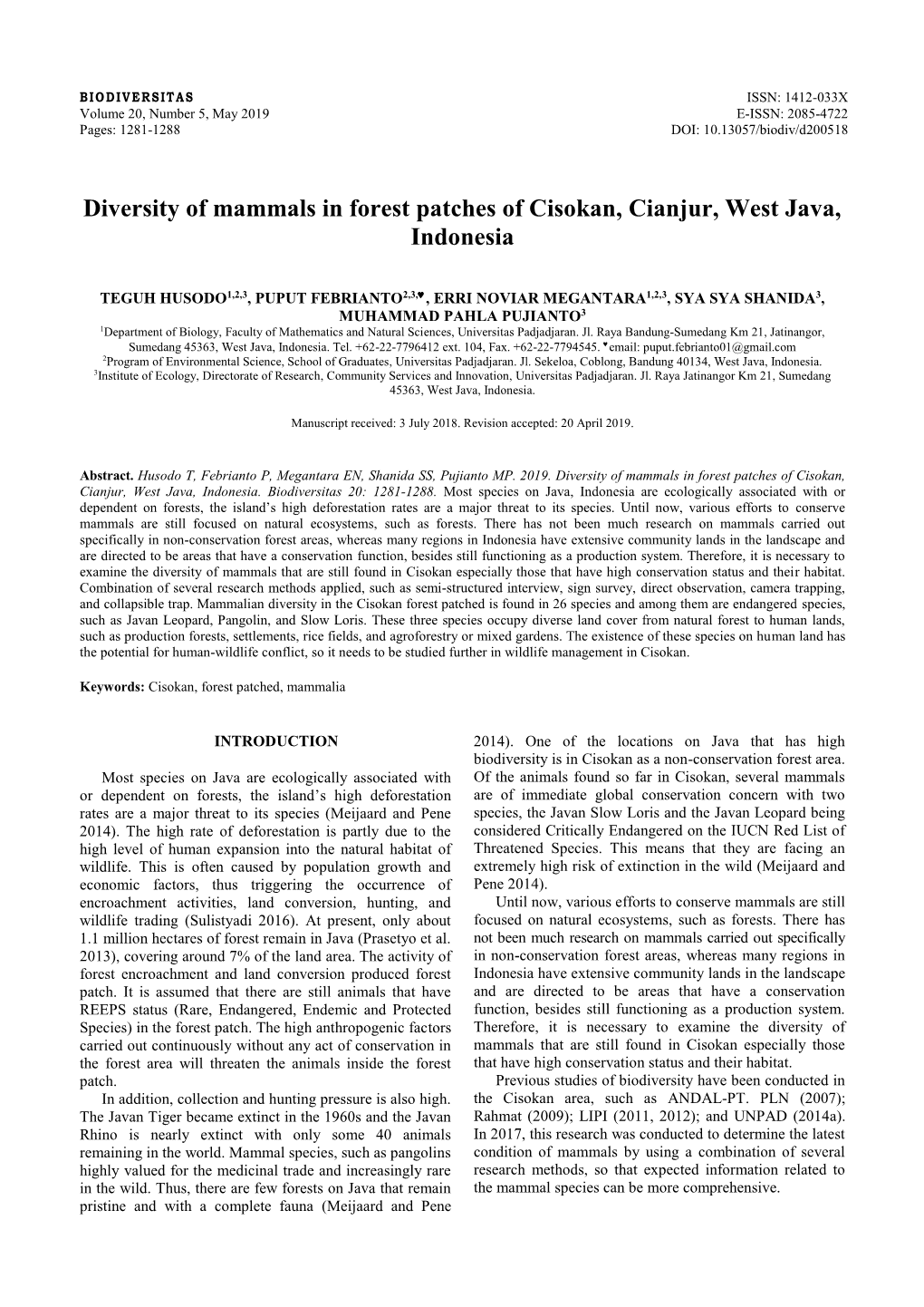 Diversity of Mammals in Forest Patches of Cisokan, Cianjur, West Java, Indonesia