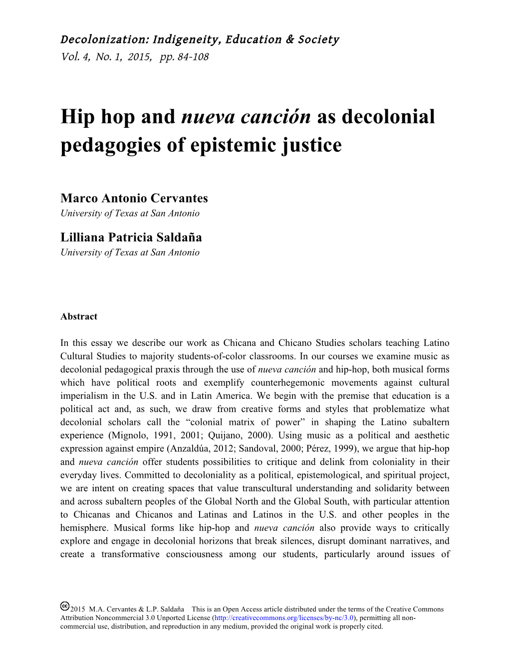 Hip Hop and Nueva Canción As Decolonial Pedagogies of Epistemic Justice