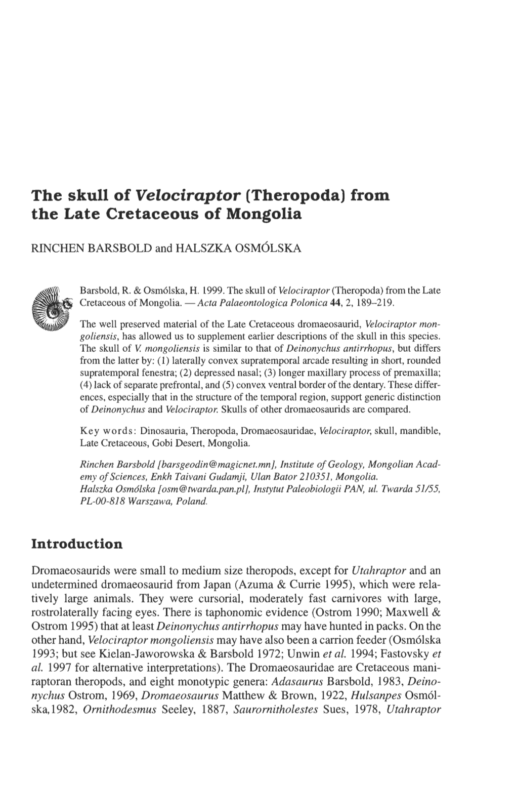 The Skull of Velociraptor (Theropoda) from the Late Cretaceous of Mongolia