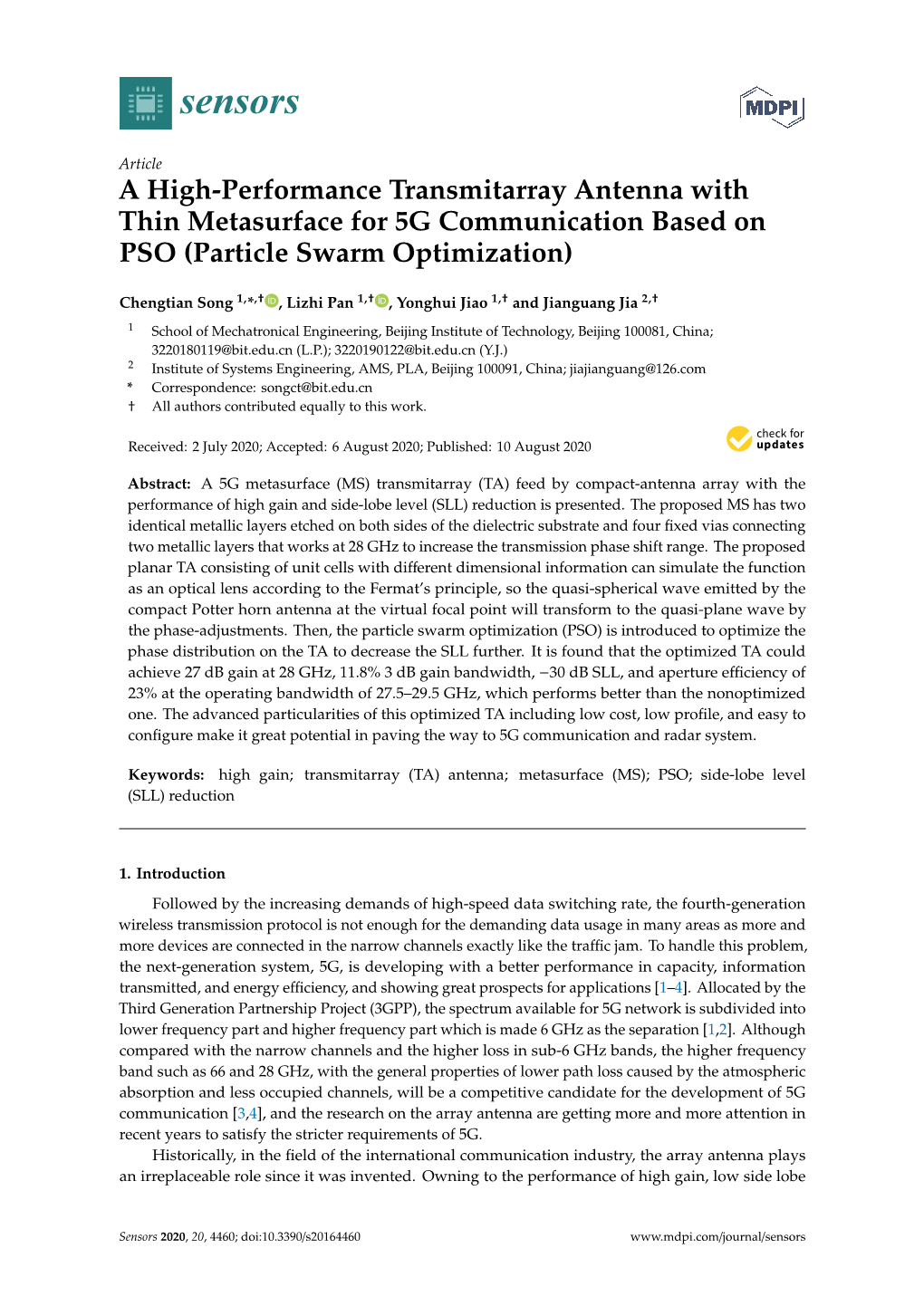 A High-Performance Transmitarray Antenna with Thin Metasurface for 5G Communication Based on PSO (Particle Swarm Optimization)