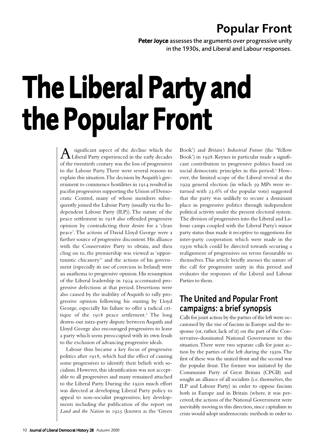 Peter Joyce, the Liberal Party and the Popular Front