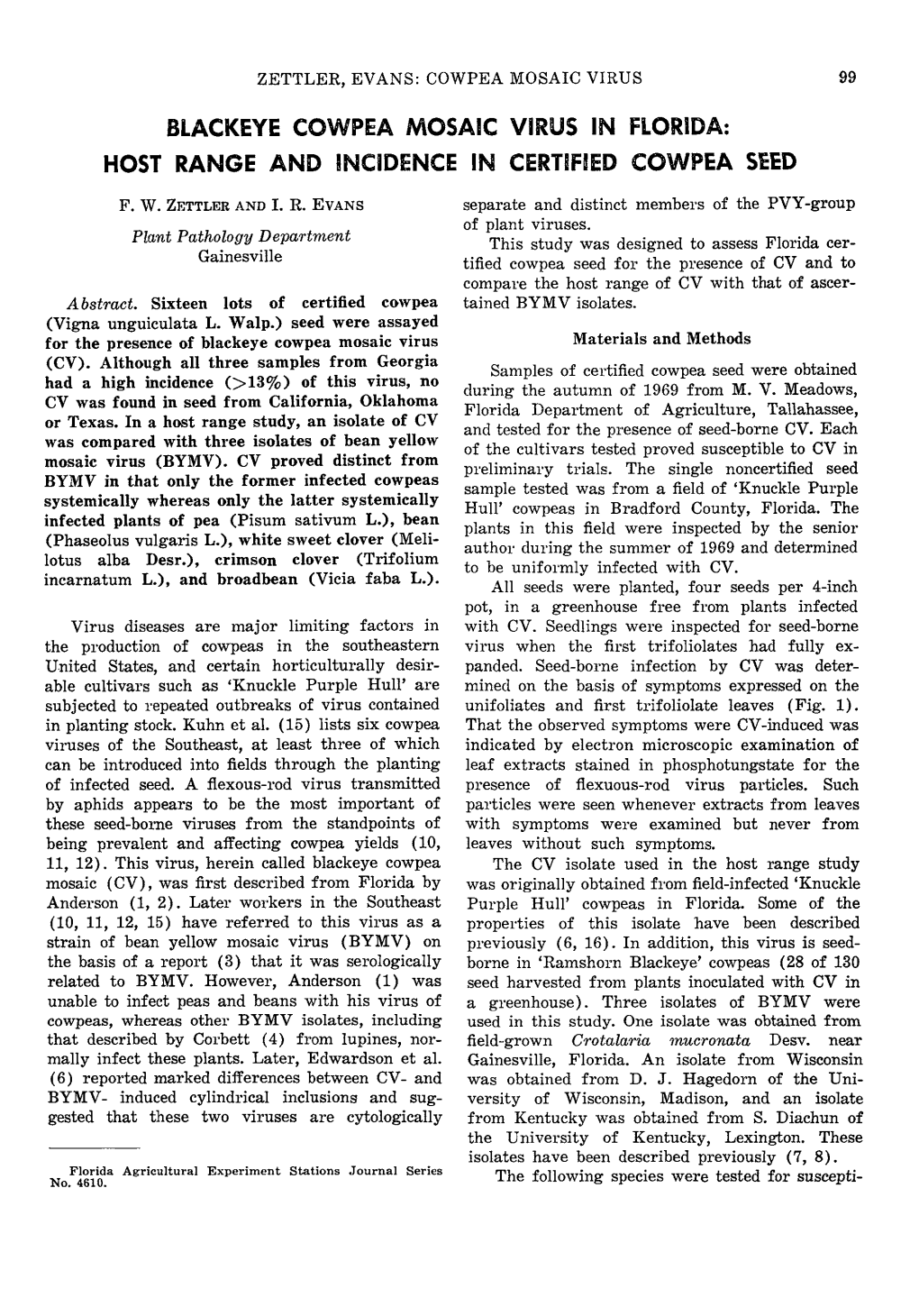 Blackeye Cowpea Mosaic Virus in Florida: Host Range and Incidence in Certified Cowpea Seed