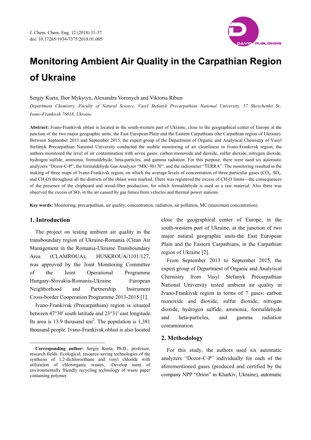 Monitoring Ambient Air Quality in the Carpathian Region of Ukraine