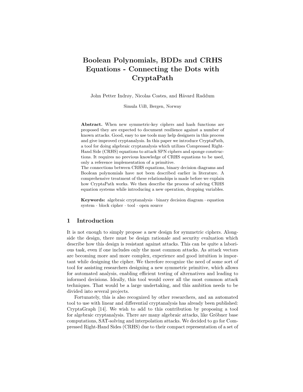 Boolean Polynomials, Bdds and CRHS Equations - Connecting the Dots with Cryptapath