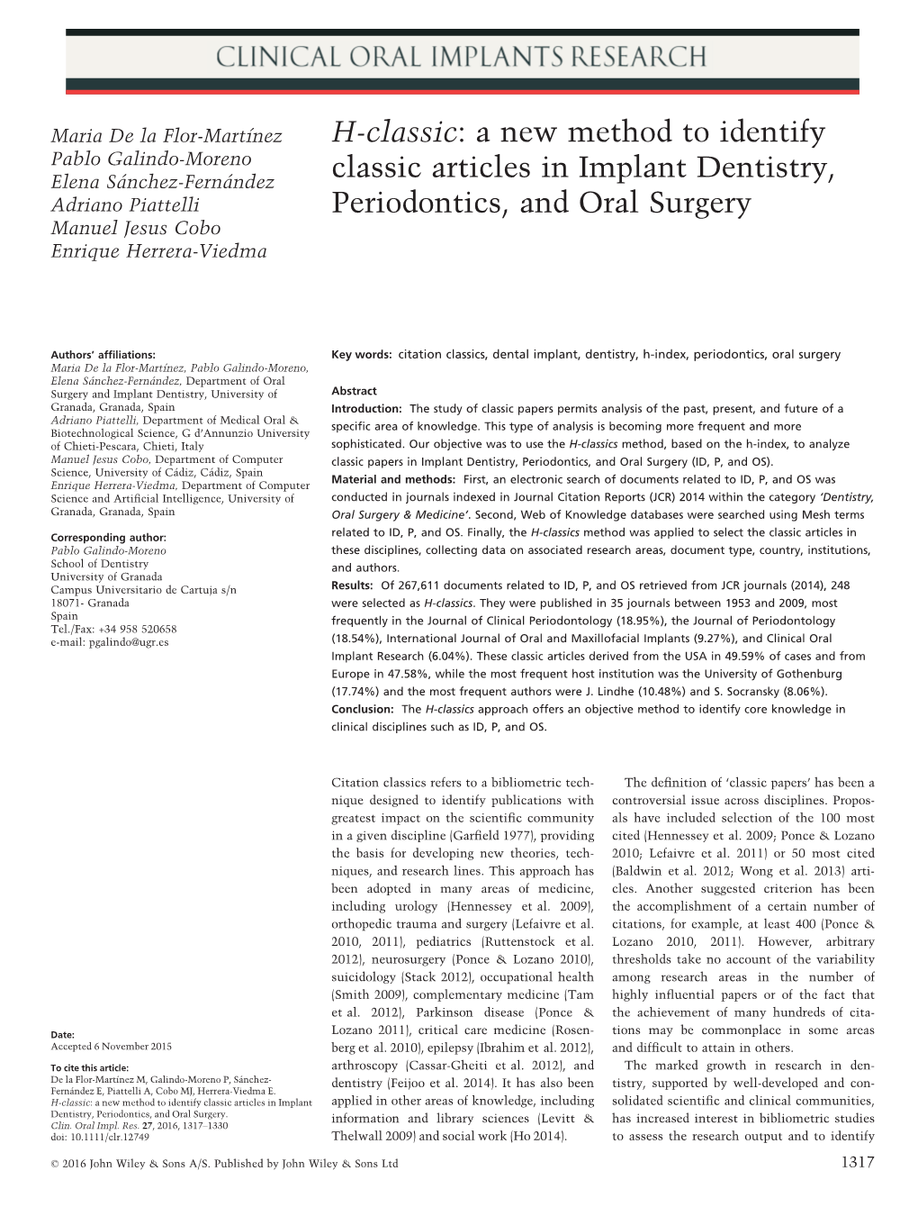 A New Method to Identify Classic Articles in Implant Dentistry, Periodontics, and Oral Surgery