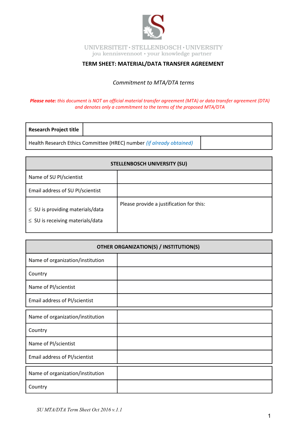Term Sheet: Material/Data Transfer Agreement