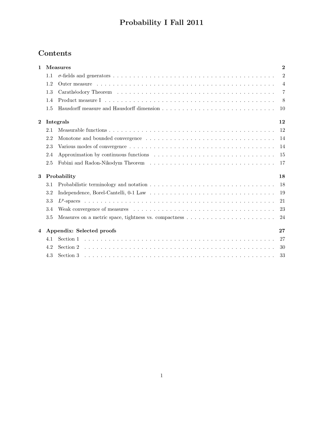 Probability I Fall 2011 Contents