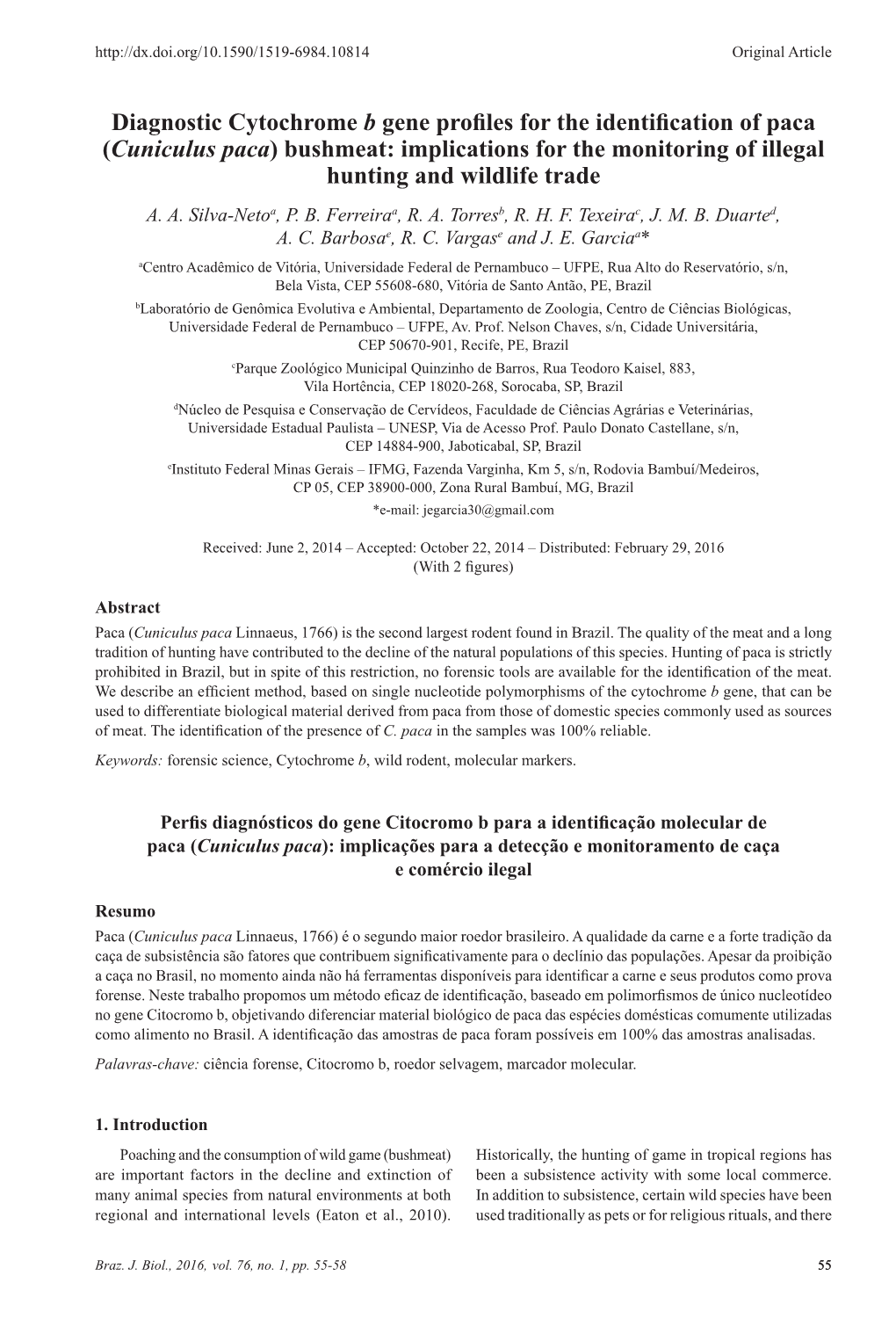 Diagnostic Cytochrome B Gene Profiles for the Identification of Paca