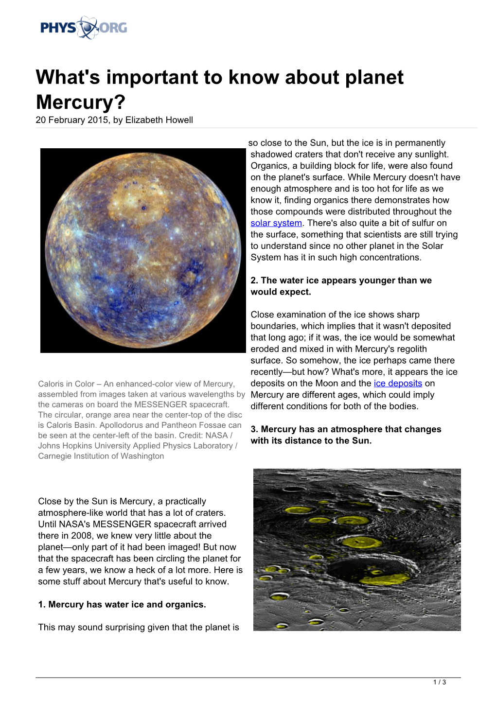 What's Important to Know About Planet Mercury? 20 February 2015, by Elizabeth Howell