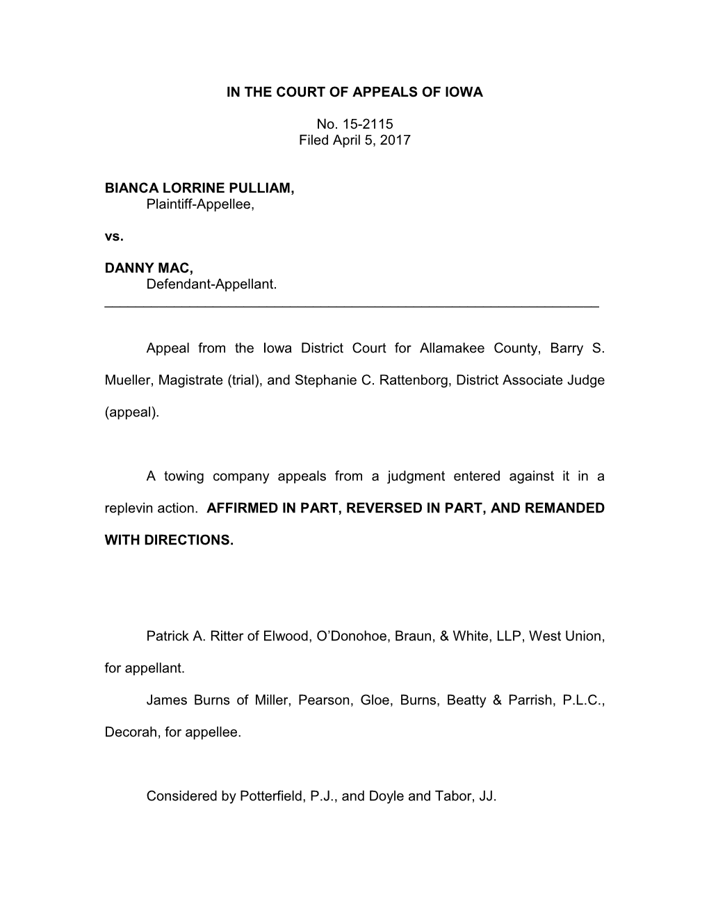 IN the COURT of APPEALS of IOWA No. 15-2115 Filed April 5