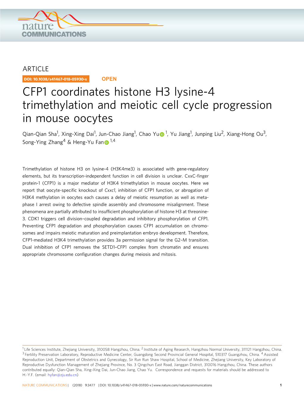 CFP1 Coordinates Histone H3 Lysine-4 Trimethylation and Meiotic Cell Cycle Progression in Mouse Oocytes