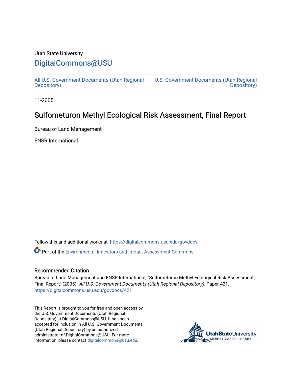 Sulfometuron Methyl Ecological Risk Assessment, Final Report