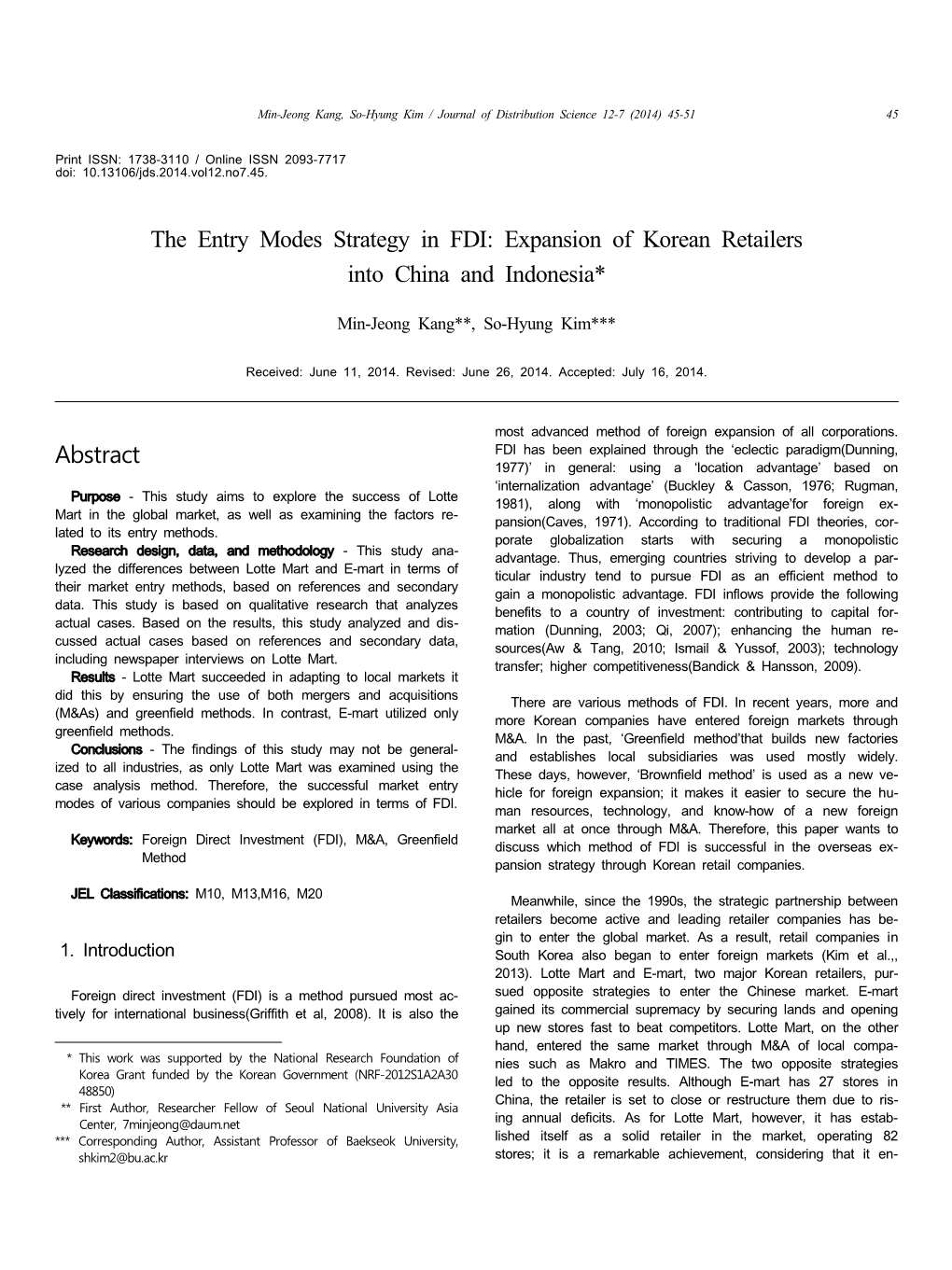 The Entry Modes Strategy in FDI: Expansion of Korean Retailers Into China and Indonesia*