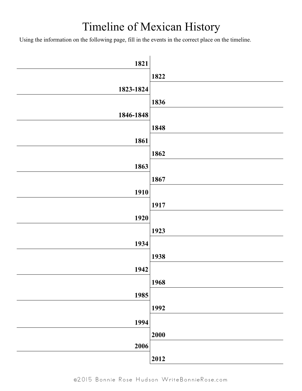 Timeline of Mexican History Using the Information on the Following Page, Fill in the Events in the Correct Place on the Timeline