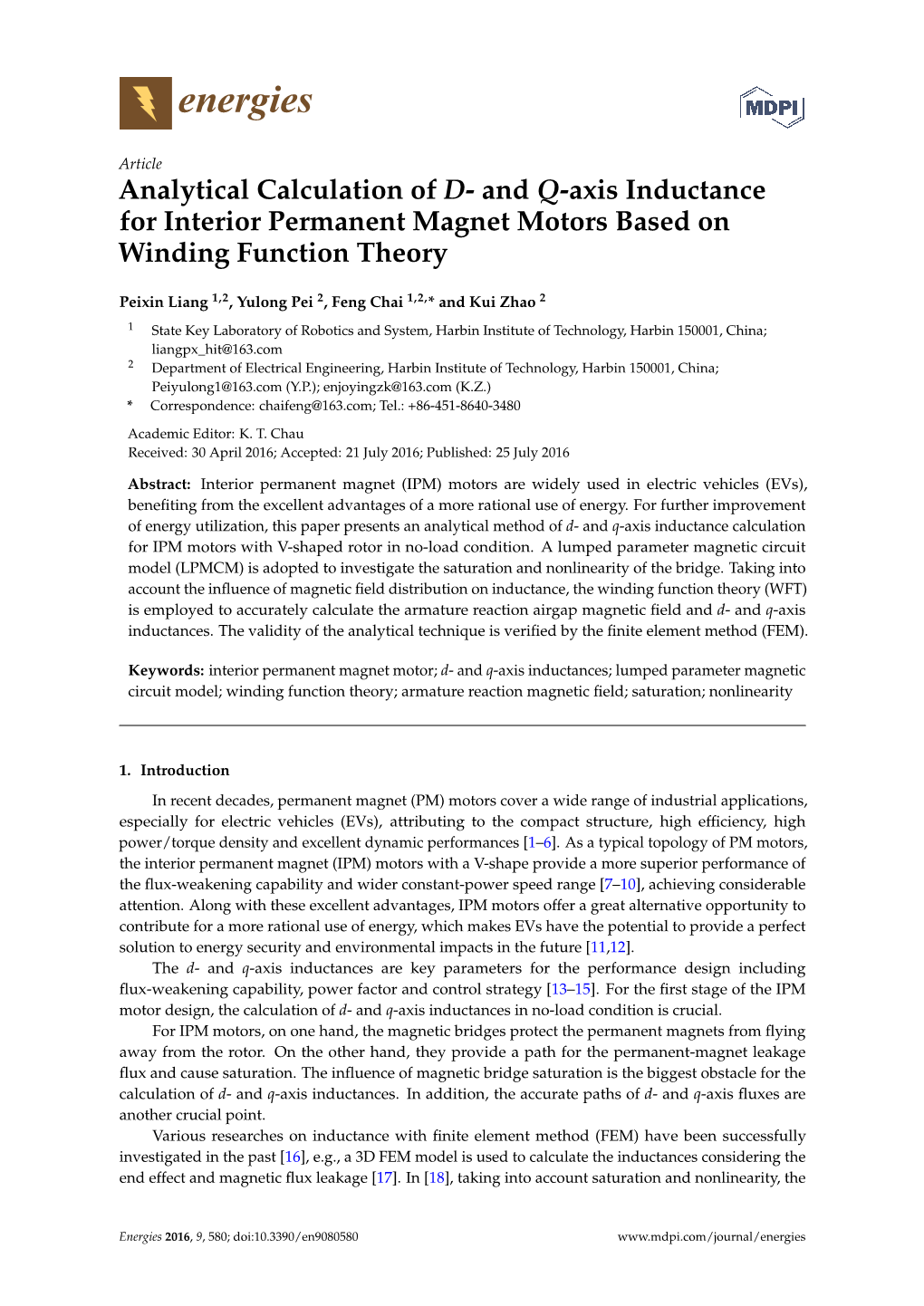 And Q-Axis Inductance for Interior Permanent Magnet Motors Based on Winding Function Theory