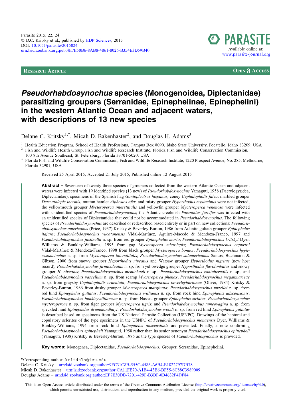 Pseudorhabdosynochus Species \(Monogenoidea, Diplectanidae