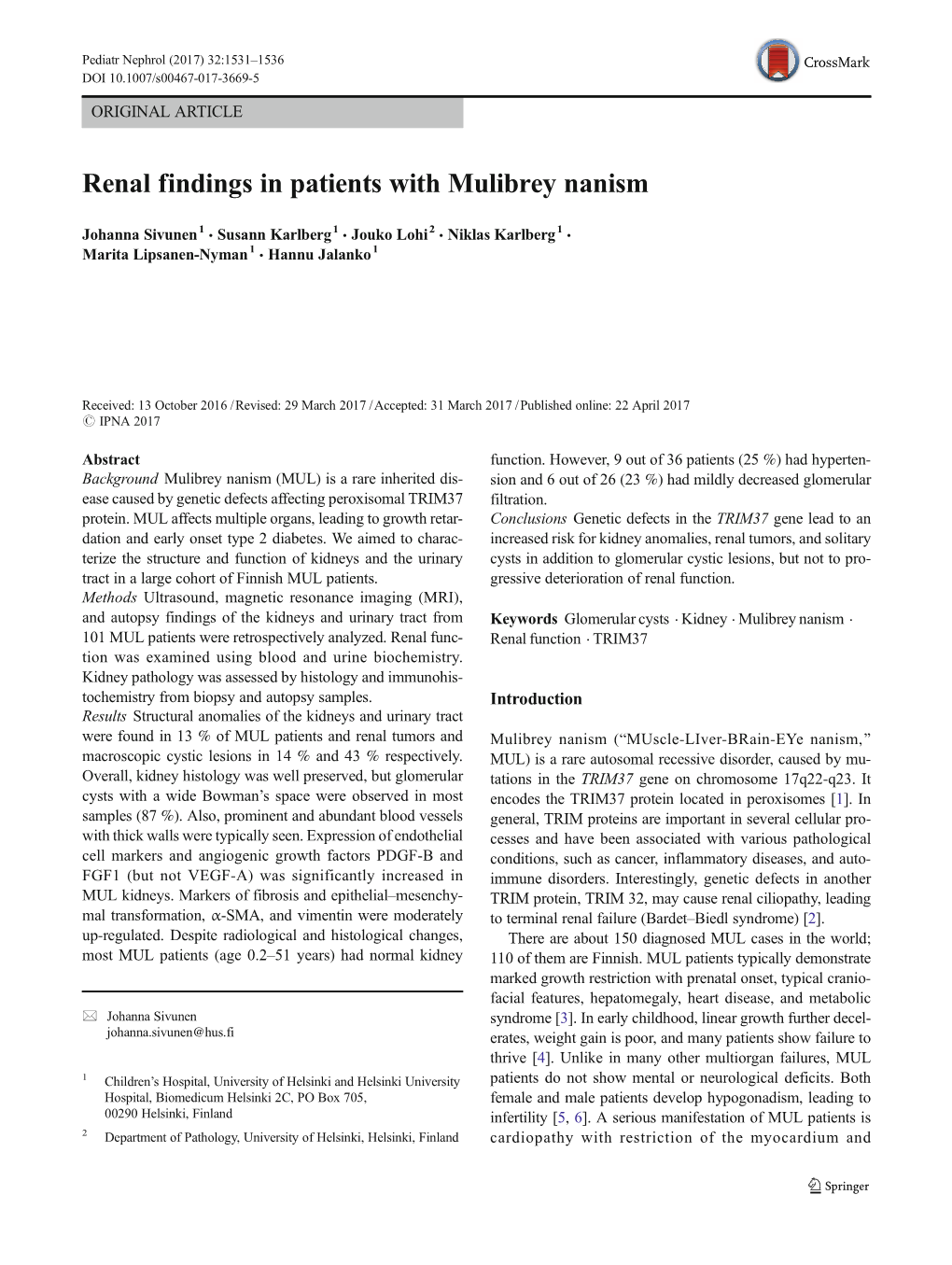 Renal Findings in Patients with Mulibrey Nanism
