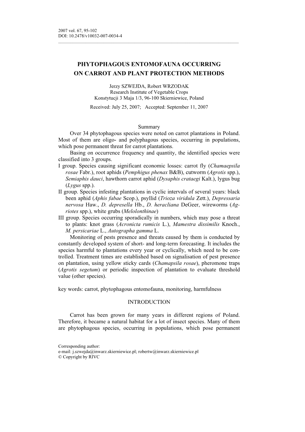 Phytophagous Entomofauna Occurring on Carrot and Plant Protection Methods