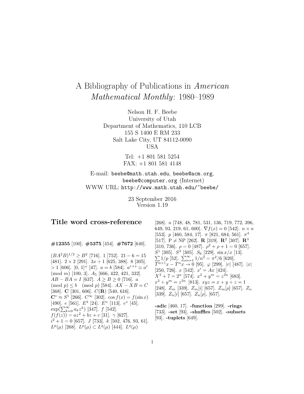 A Bibliography of Publications in American Mathematical Monthly: 1980–1989