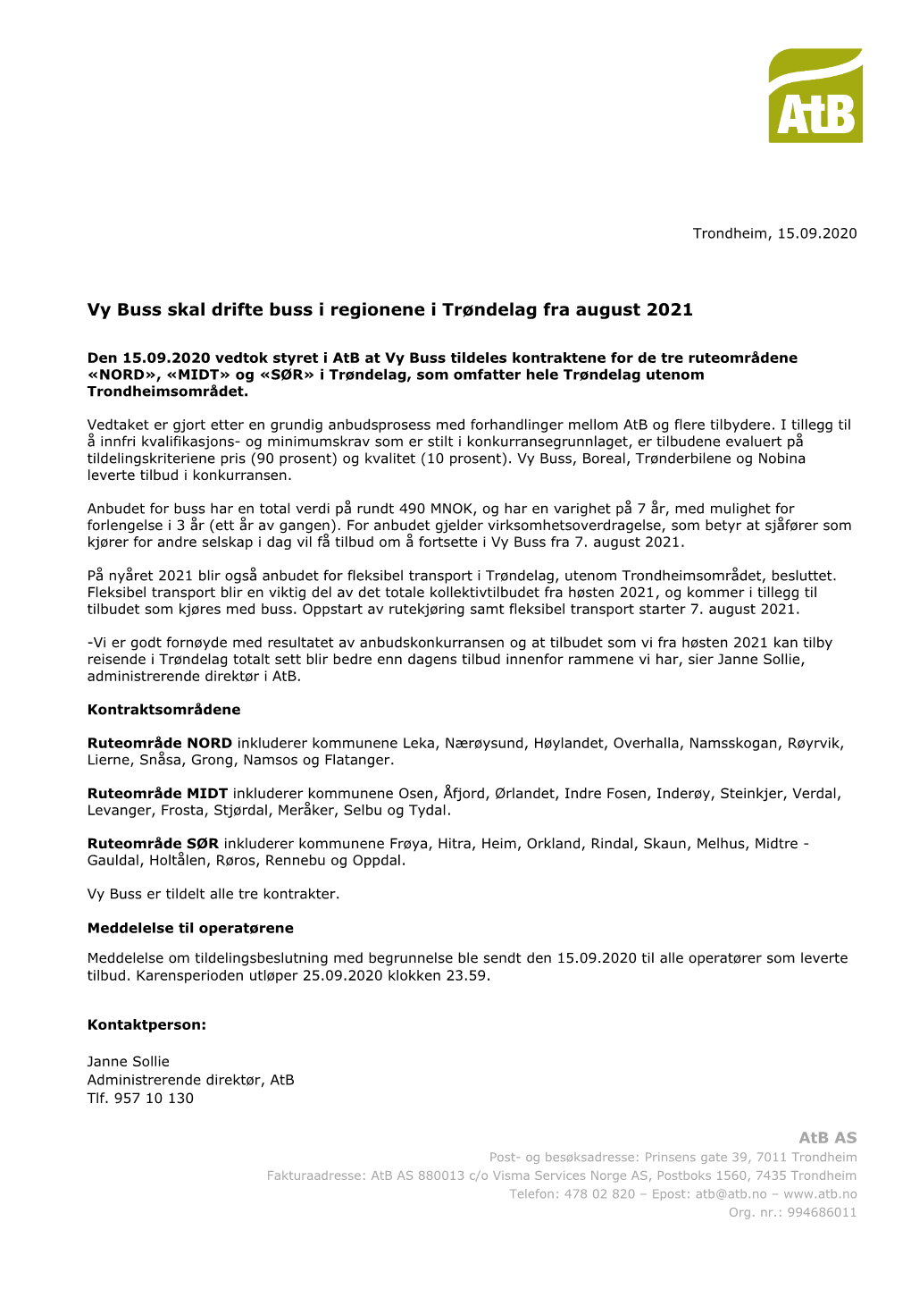 Vy Buss Skal Drifte Buss I Regionene I Trøndelag Fra August 2021 (Pdf)