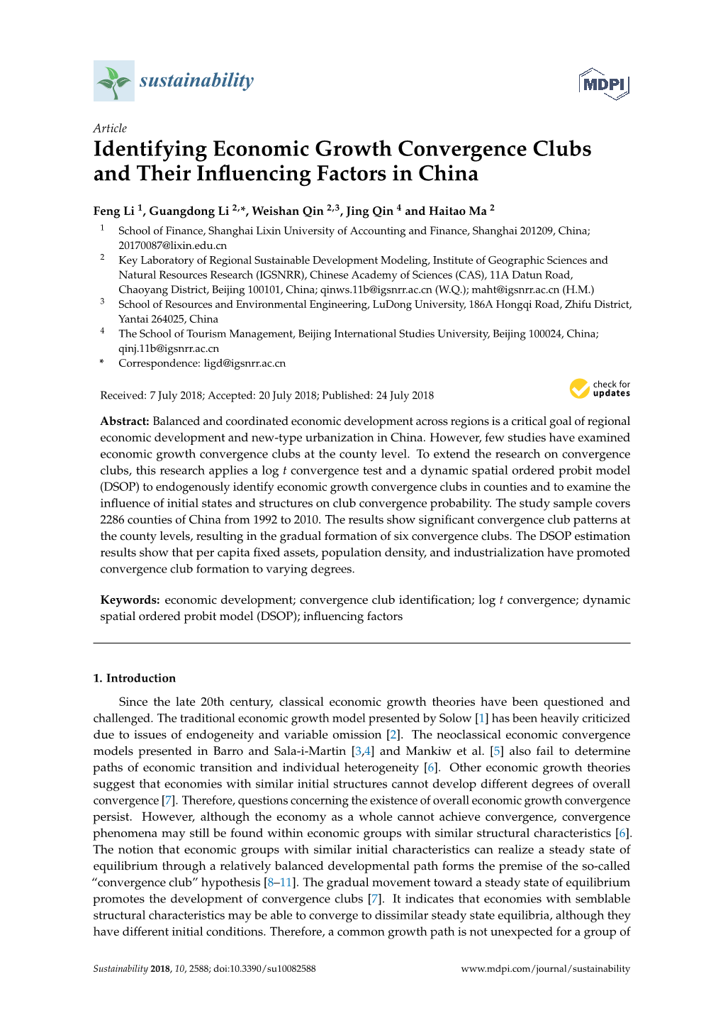 Identifying Economic Growth Convergence Clubs and Their Inﬂuencing Factors in China