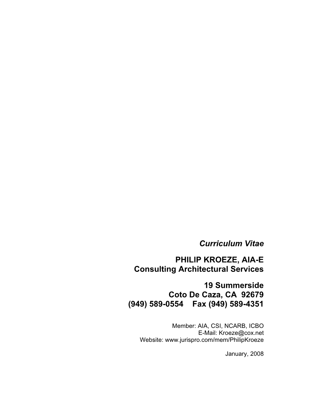 Curriculum Vitae PHILIP KROEZE, AIA