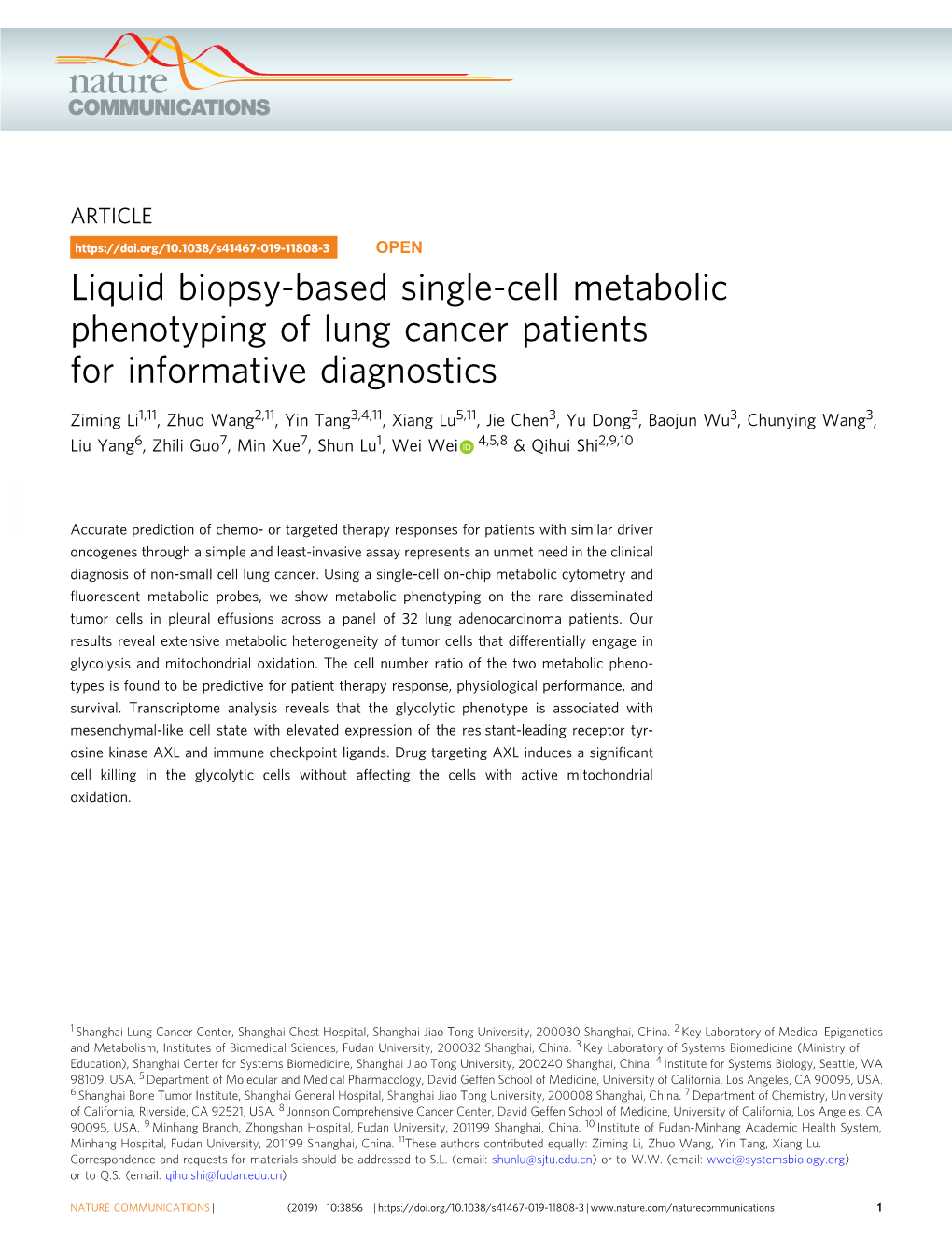 Liquid Biopsy-Based Single-Cell Metabolic Phenotyping of Lung Cancer Patients for Informative Diagnostics